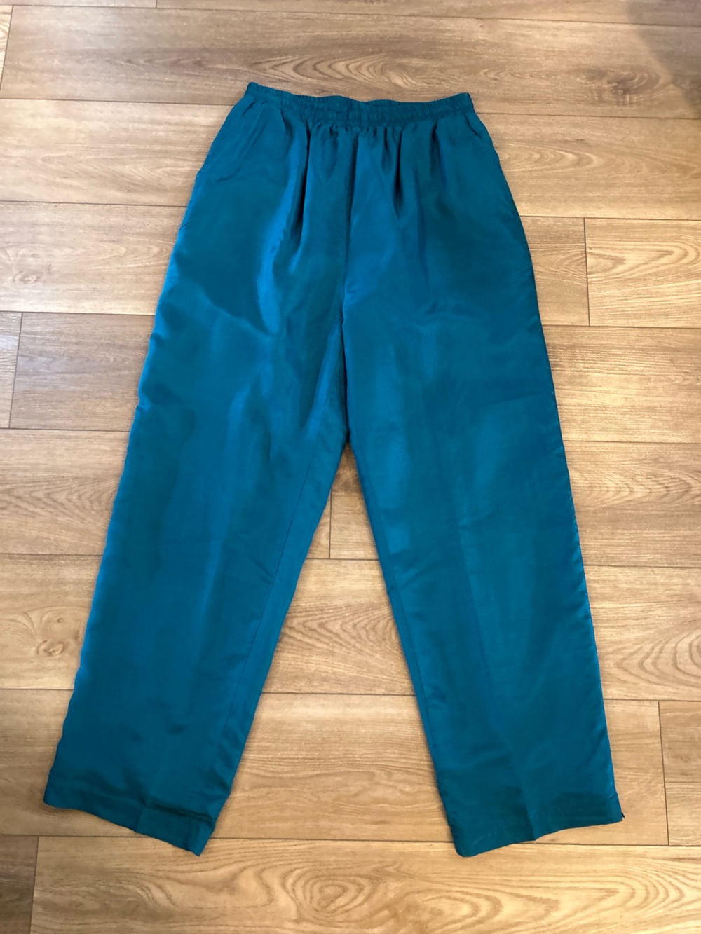 Vintage 1990s C.C. Hughes 100% Silk Teal Straight Leg Pants L Fully Lined